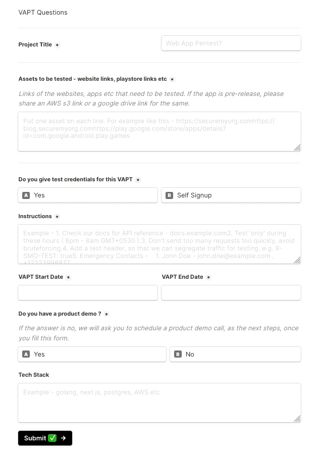 VAPT Questionnaire