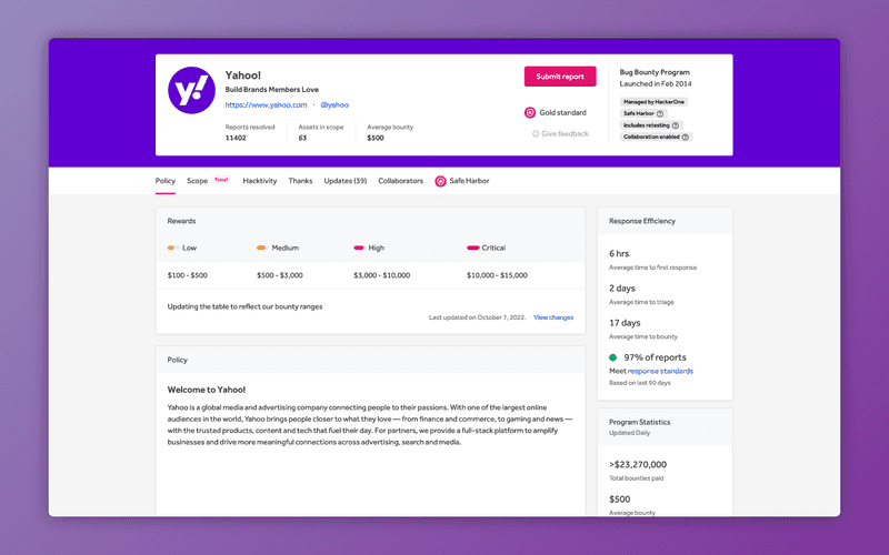 Yahoo! Bug Bounty Page